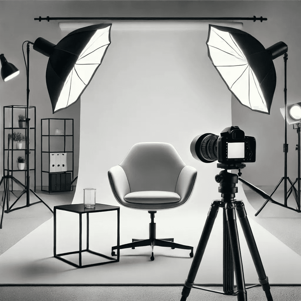 Grayscale photo studio with lighting and equipment
